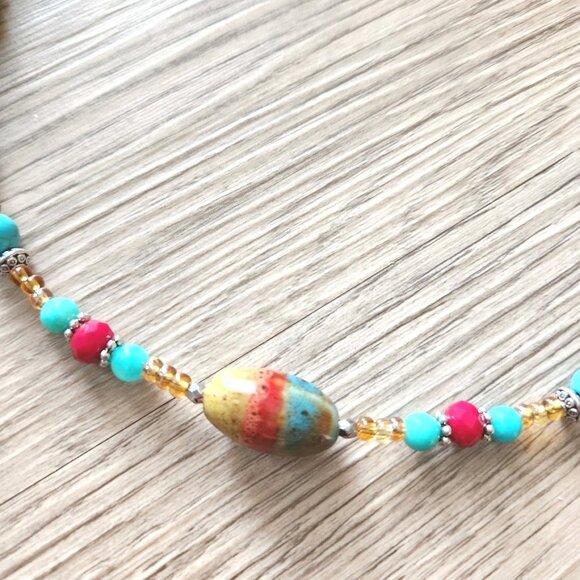 Handmade Beaded Necklace 18" Semi Precious Stone Ceramic Beads Boho Southwest A - Picture 4 of 7